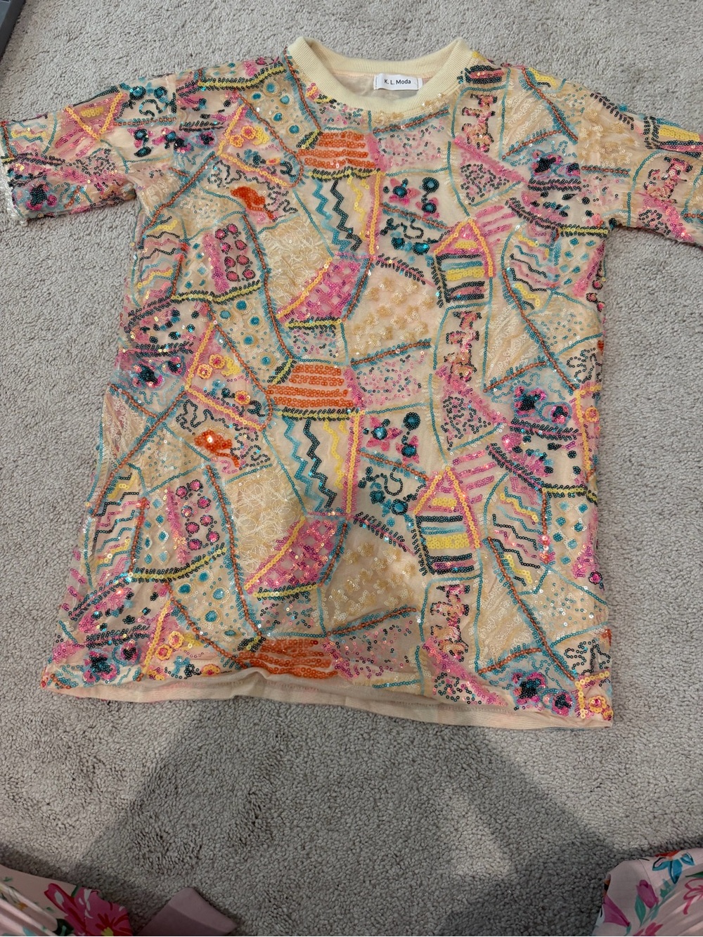 L.L. Bean Embellished Patchwork Beaded Tee - Cream with Pink, Teal & Orange